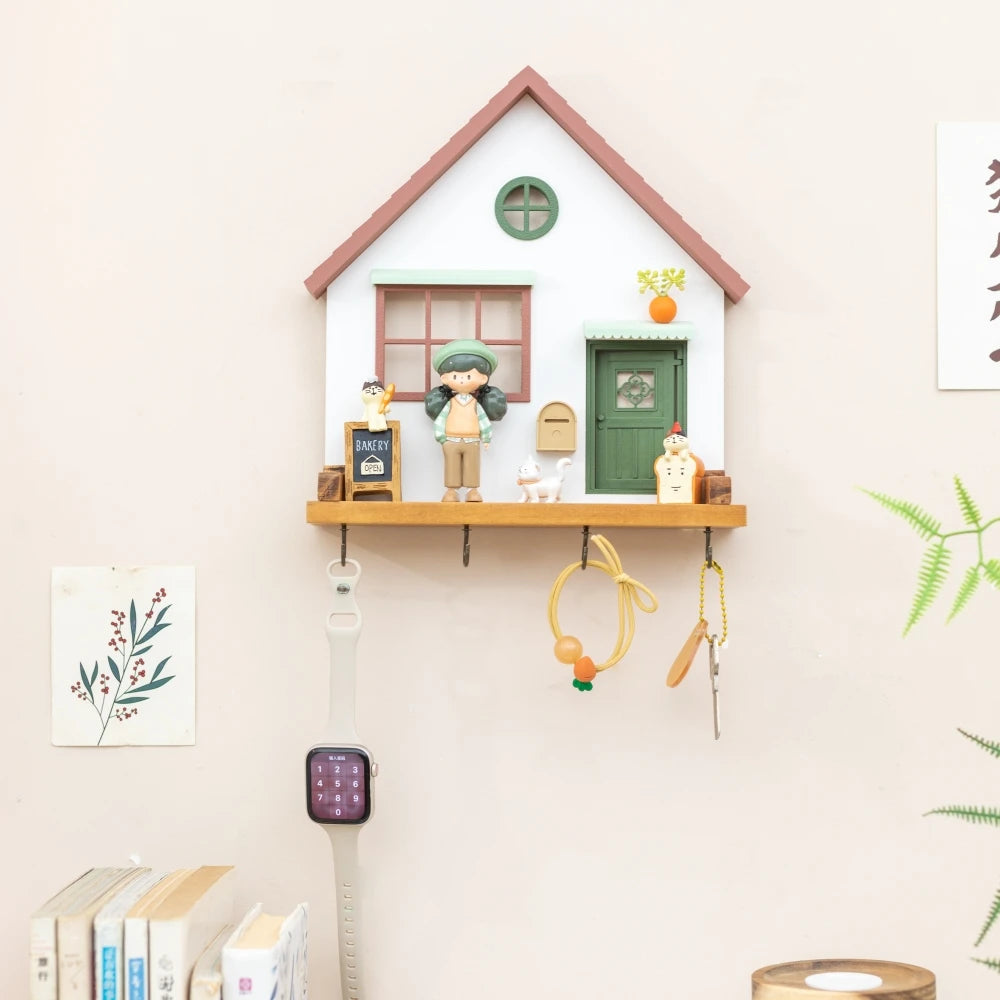 Cute Wooden House Key Hook Shelf – Decorative Wall Storage