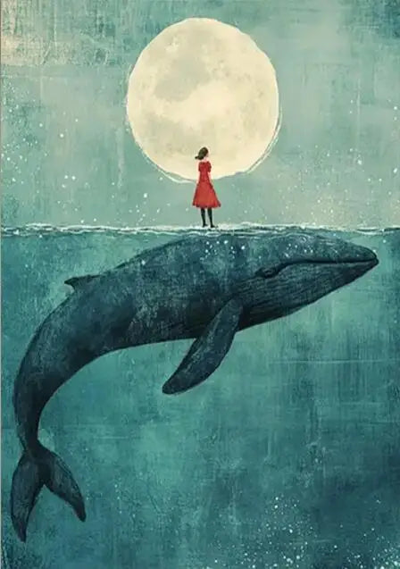 Whale and Girl in the Moonlight Poster – Dreamy Abstract Wall Art Print
