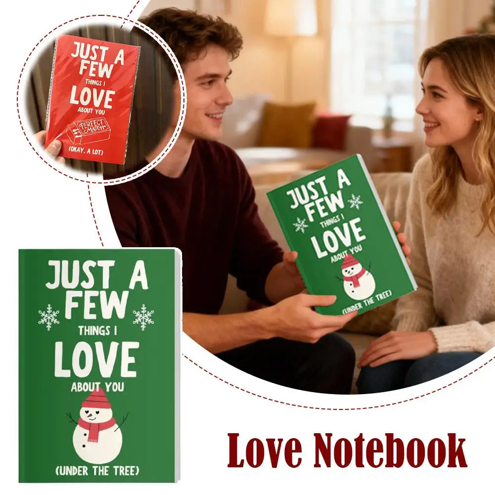 Two people holding 'Love Notebook' with text and snowman graphics, surrounded by a circular inset showing a red notebook.