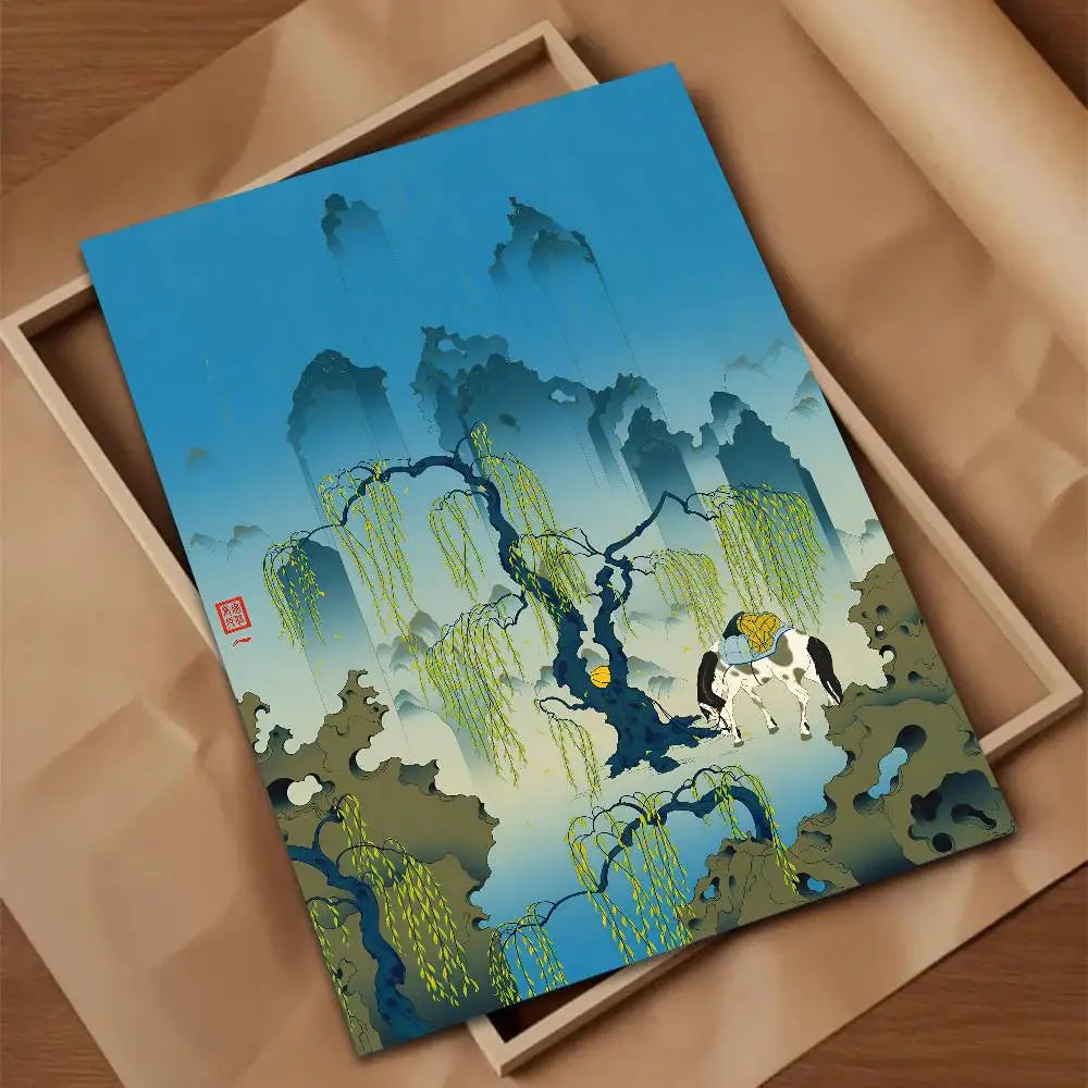 Green Jiangnan self-adhesive landscape art poster in modern Asian style for living room wall decor
