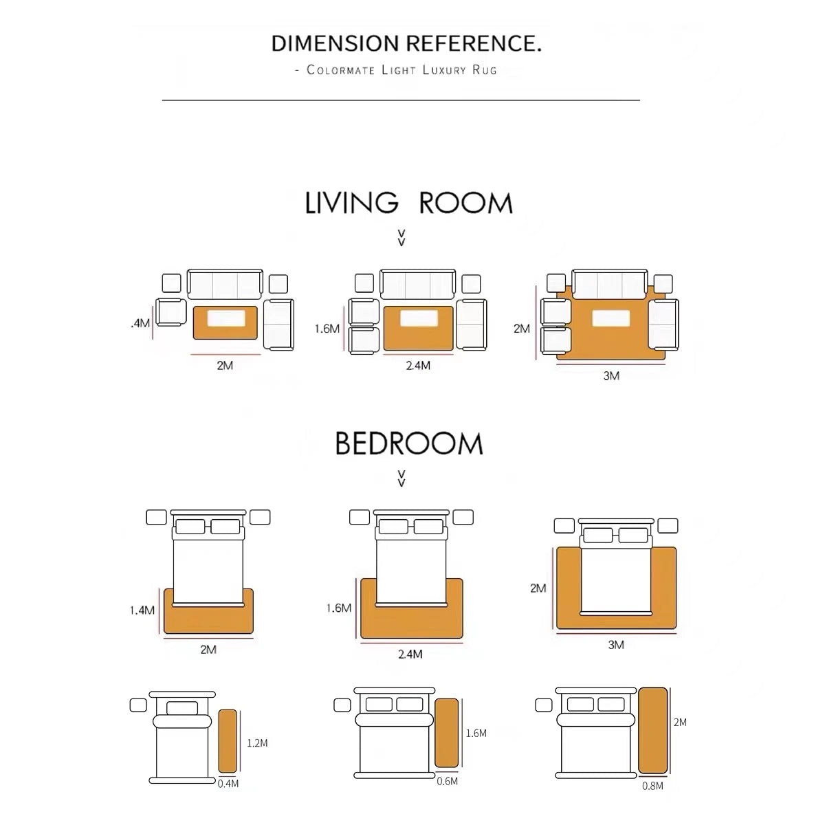 Dimension reference chart for Colormatch Light Luxury Rug in living room and bedroom settings.