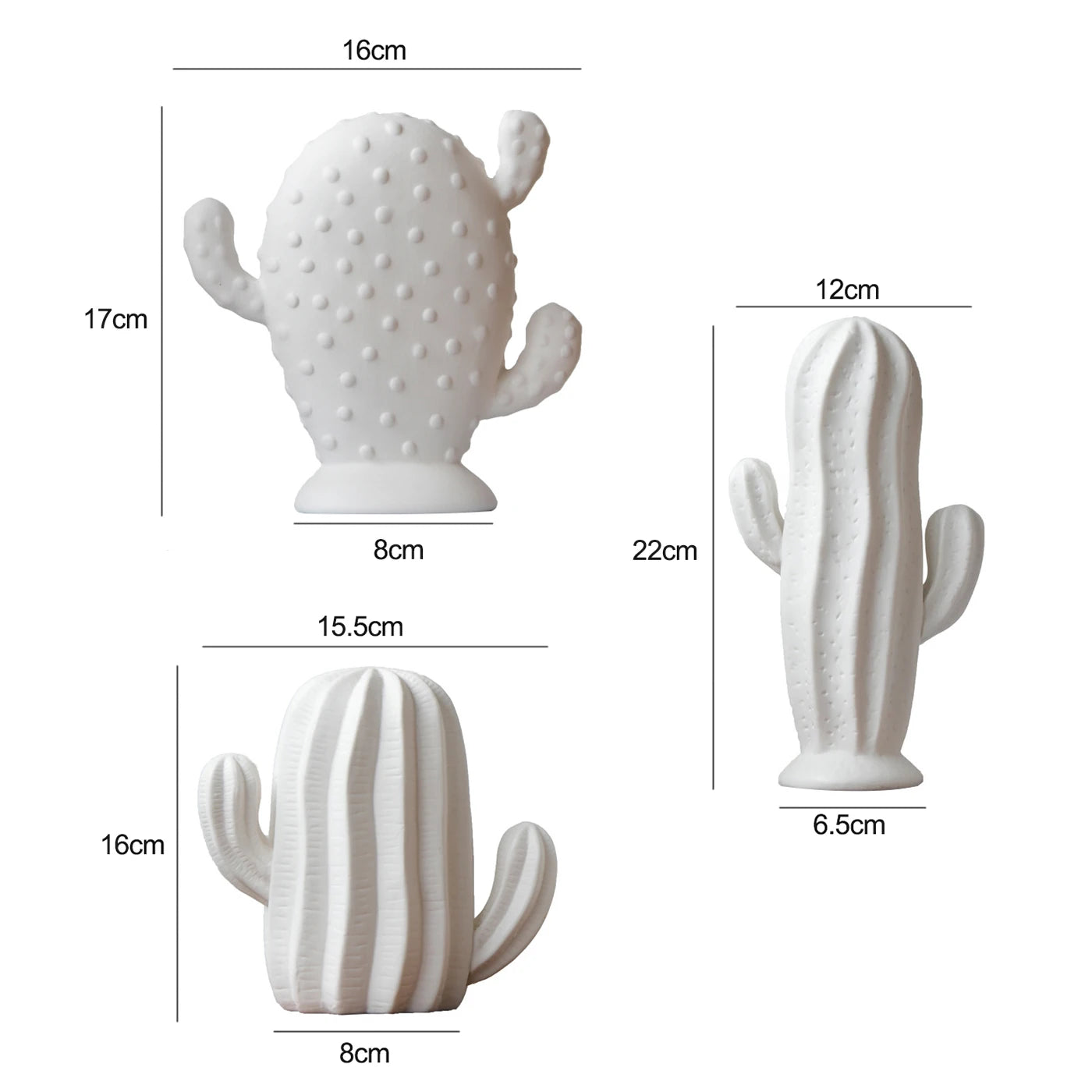 Two white cactus-shaped decorative objects shown on a light gray background with dimension labels and measurement lines. One has a dotted texture and the other has vertical ridges.