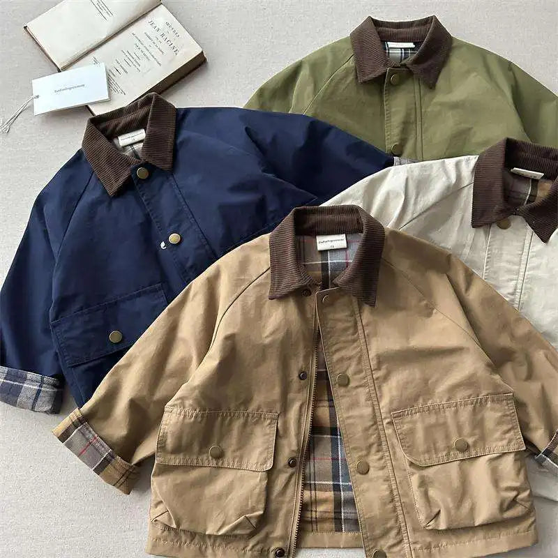 Four jackets in different colors on a light gray background