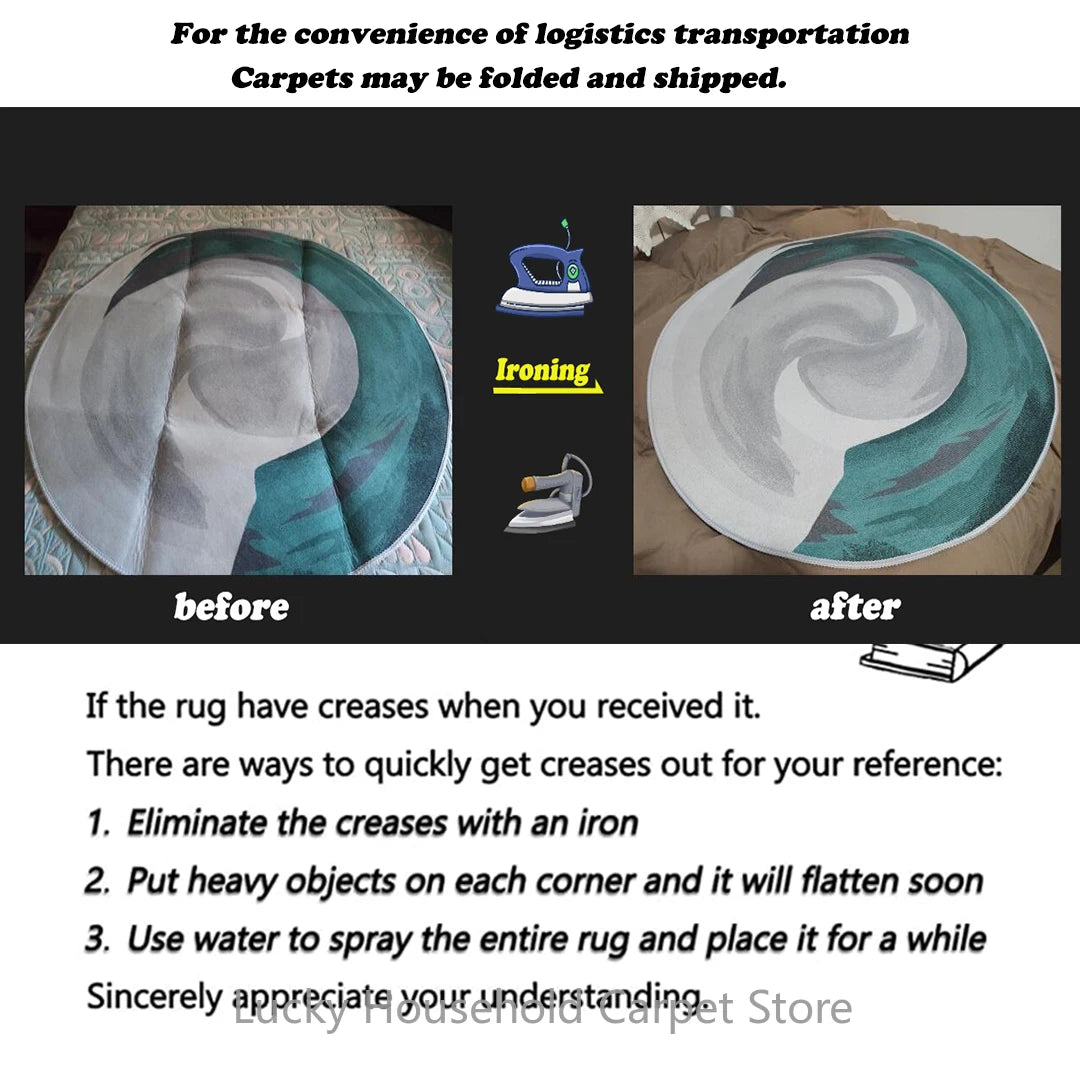 Before and after image of a rug with creases ironed out, accompanied by text on logistics and rug care.