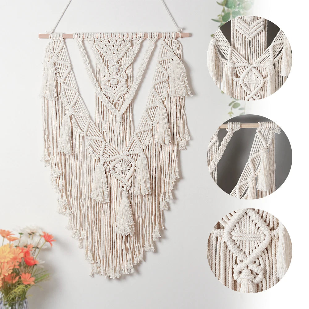 Macrame wall hanging with close-up details on a white background