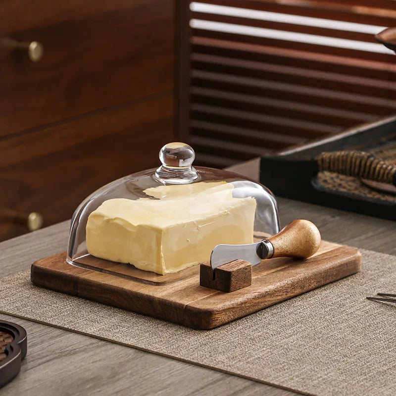Acacia wood butter dish with clear glass dome and serving knife