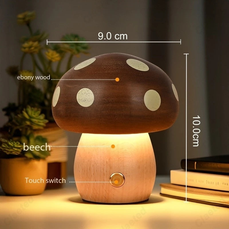 Mushroom-shaped night light with dimensions and material labels on a blurred background