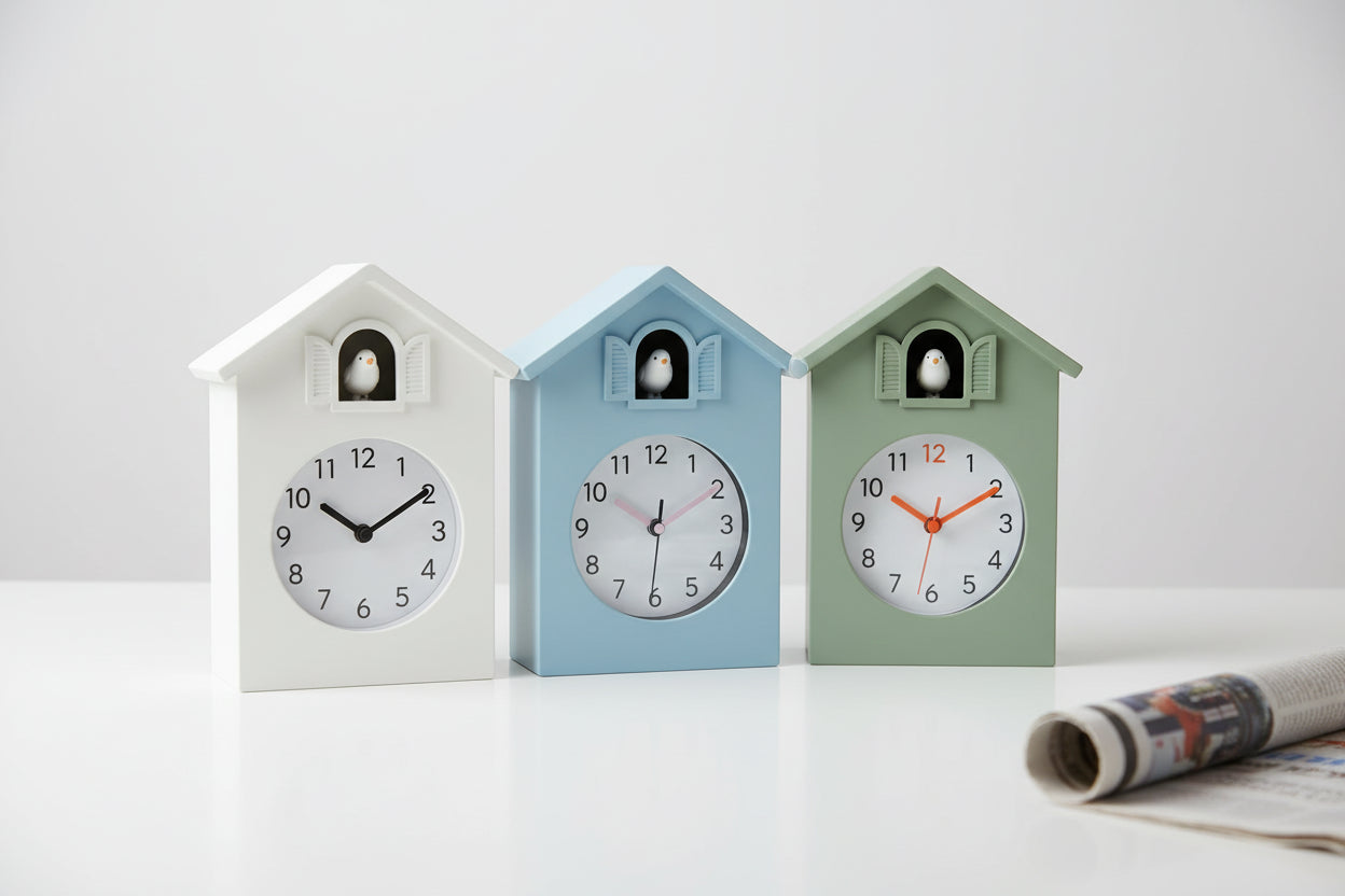 Three colorful house-shaped clocks on a white surface with a newspaper.