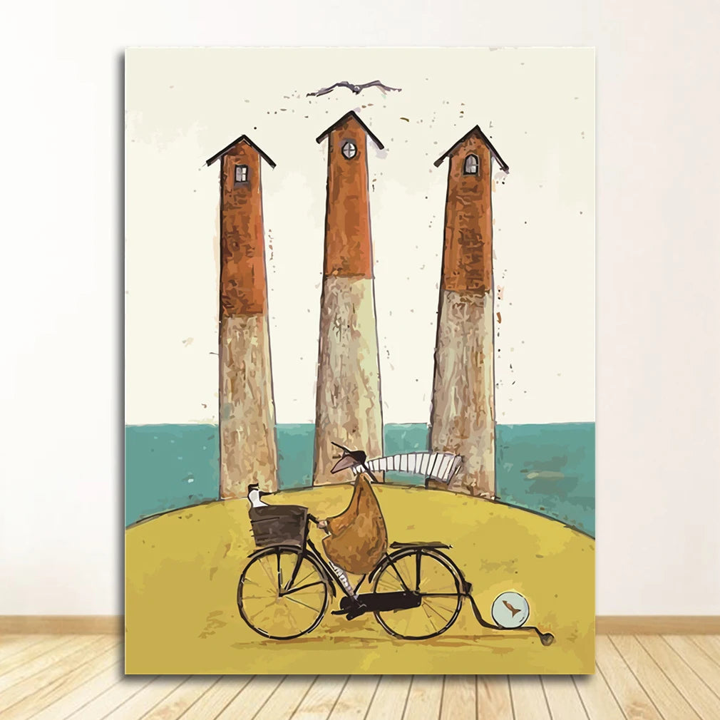 Illustration of a person on a bicycle with a basket, passing three wooden posts by the sea.