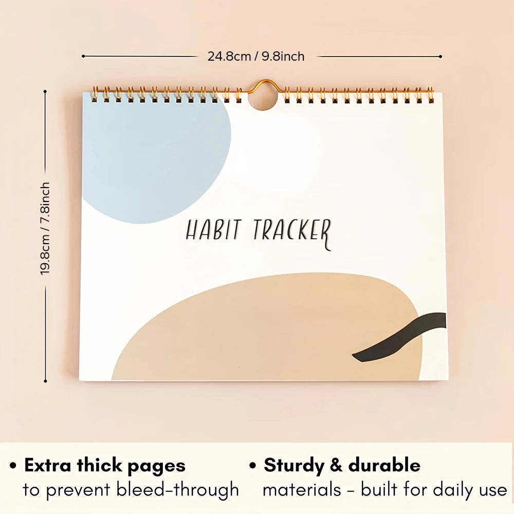 Habit tracker with dimensions and material details on a beige background