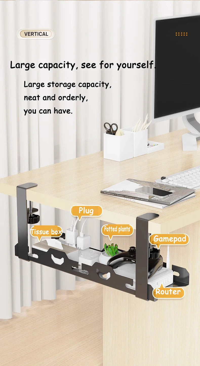 Wall-mounted desk organizer with various compartments and a TV in the background.