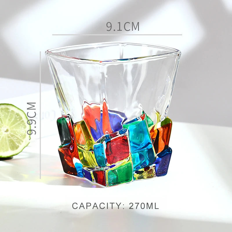 Clear glass with colorful ice cubes and dimensions on a light background