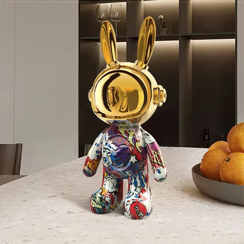 Colorful rabbit figurine with gold helmet on a table