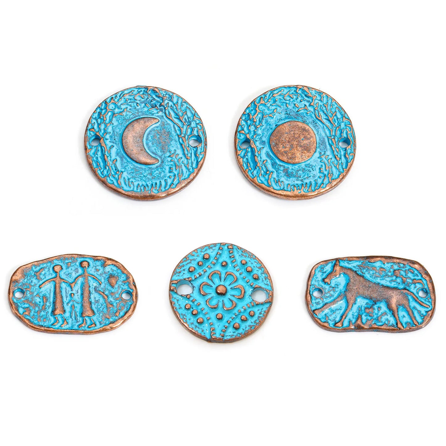 Set of five turquoise and copper decorative stones on a white background