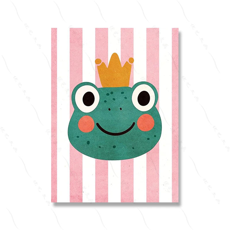 Cartoon frog with a crown on a pink and white striped background