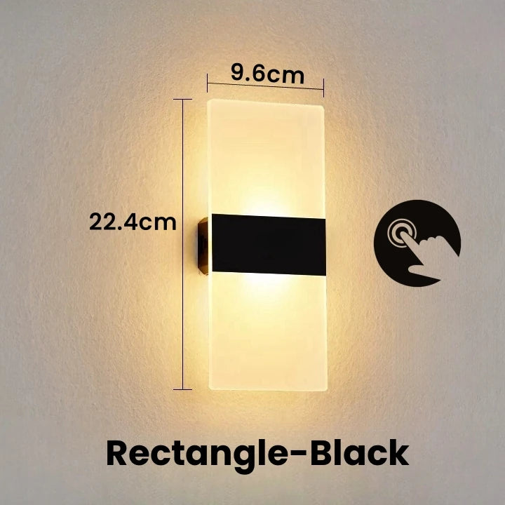 Wall-mounted light fixture with dimensions and switch icon on a plain background