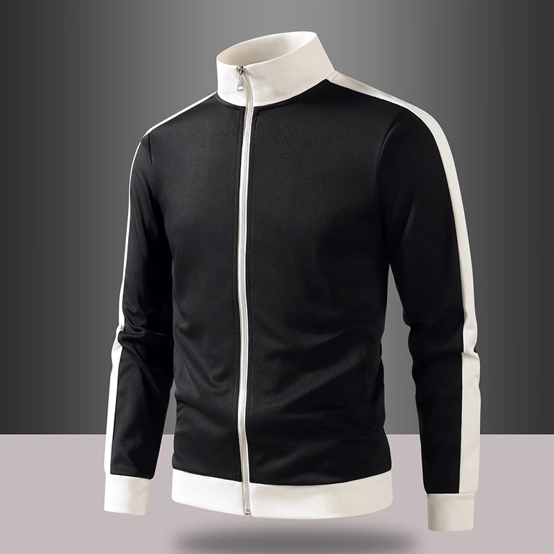 Black jacket with white accents on a gray background