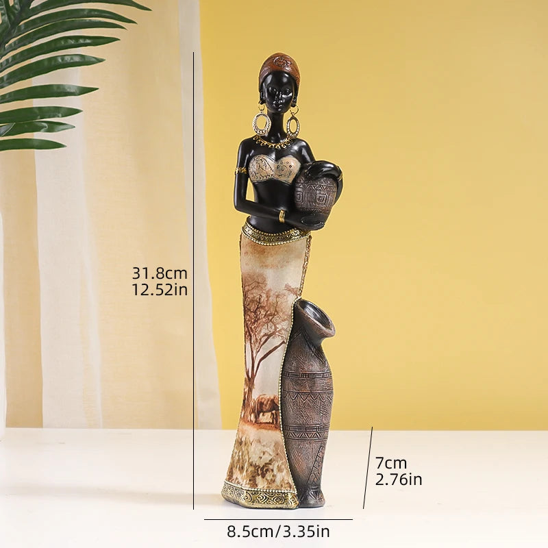 Decorative statue of a woman with measurements on a yellow background