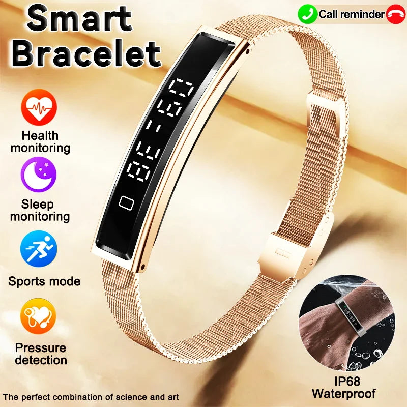 Smart fitness bracelet in gold and white, showing slim touchscreen and silicone/mesh straps.