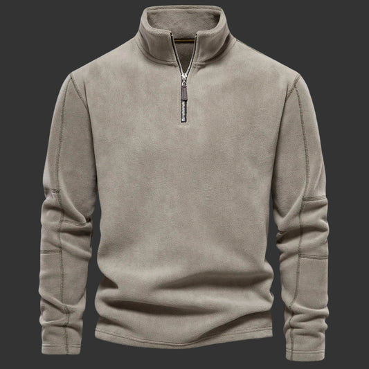 Beige fleece pullover with a zipper on a white background