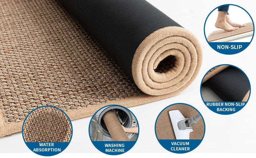 Roll of beige mat with black backing, featuring icons indicating non-slip, water absorption, washing machine, and vacuum cleaner compatibility.