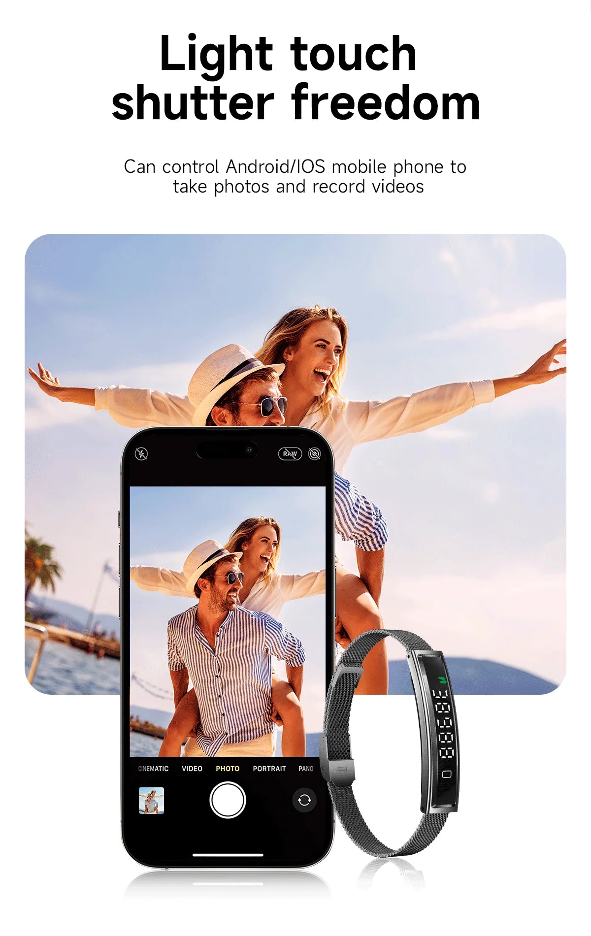 Smart fitness bracelet in gold and white, showing slim touchscreen and silicone/mesh straps.