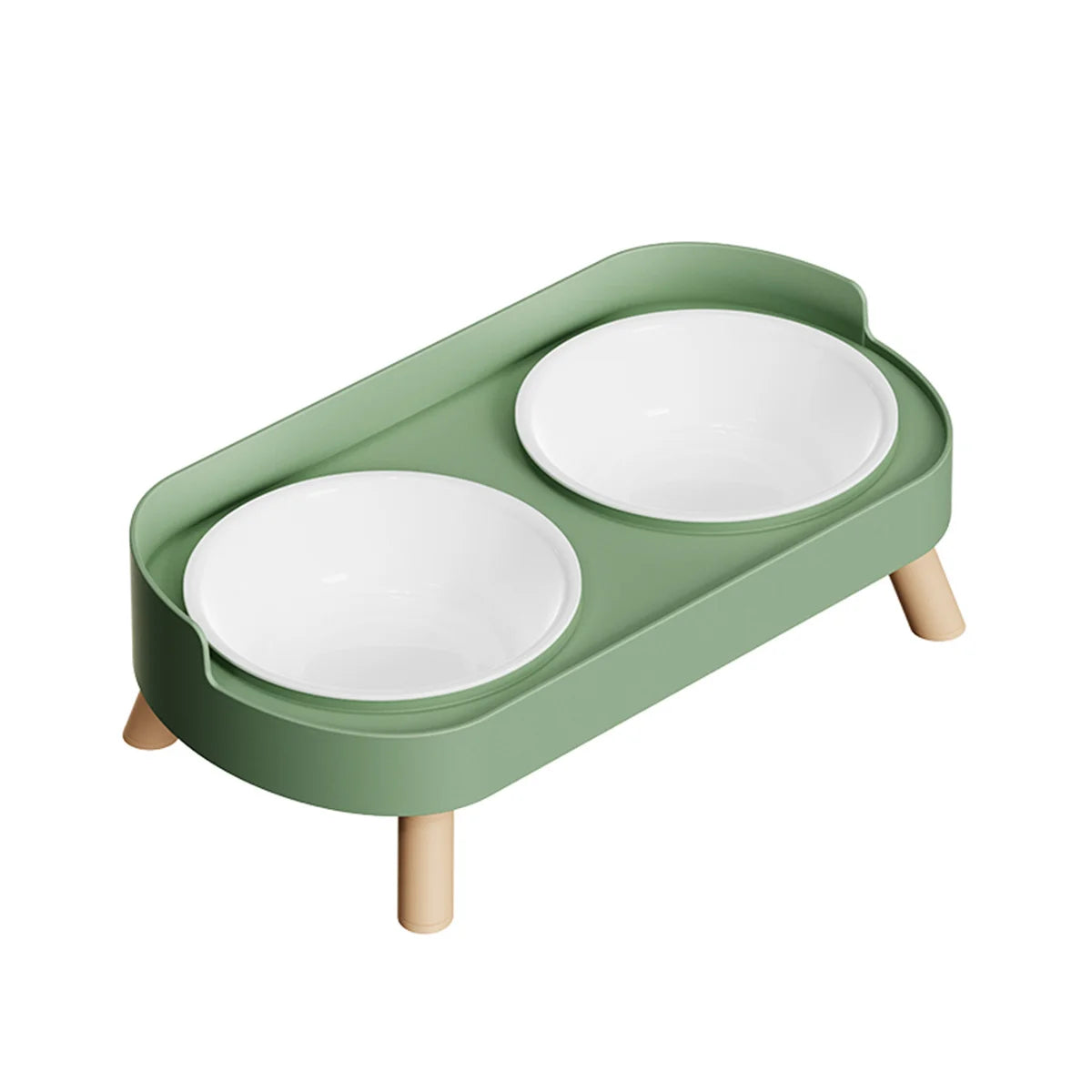 Green and white pet feeder with two bowls on a white background