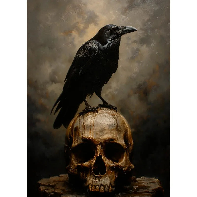 Black crow perched on a skull against a dark background