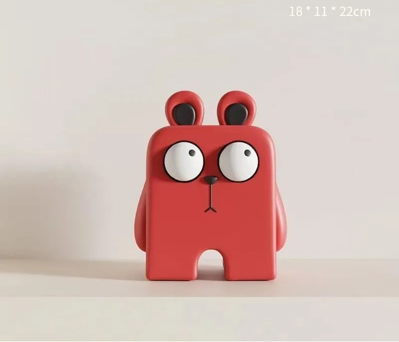 Red cartoon-like figure with large eyes on a beige background