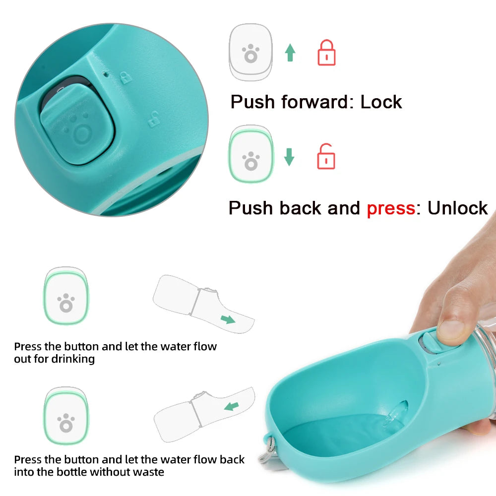 Teal pet water bottle with lock mechanism and user instructions on a white background