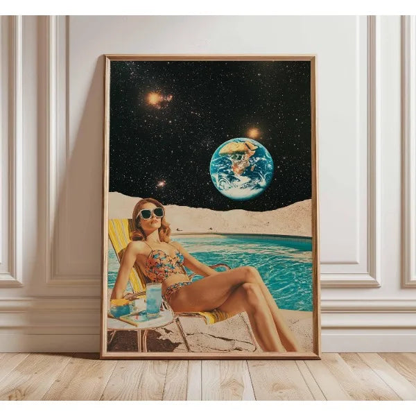 Framed artwork of a woman lounging by a pool with a space-themed background