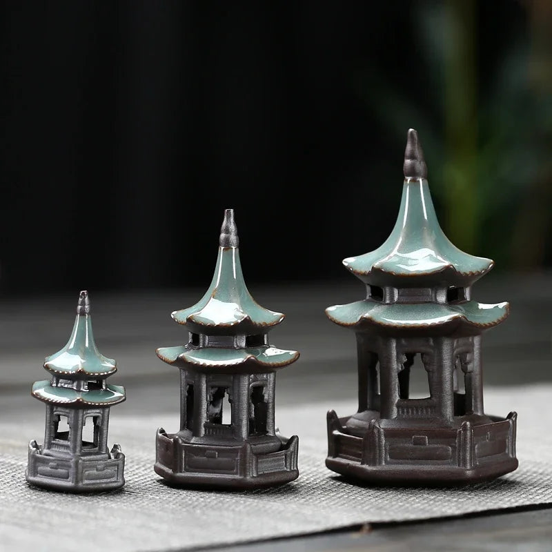 Mini ceramic pagoda ornament in three sizes with glazed finish for feng shui tea pet decor