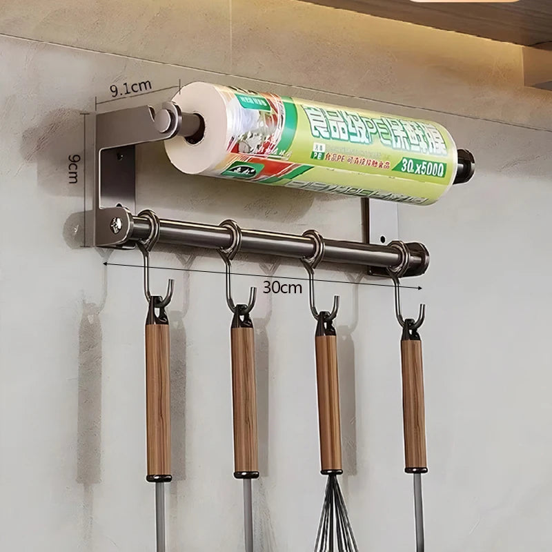 Wall-mounted kitchen roll holder with hooks and measurement details.