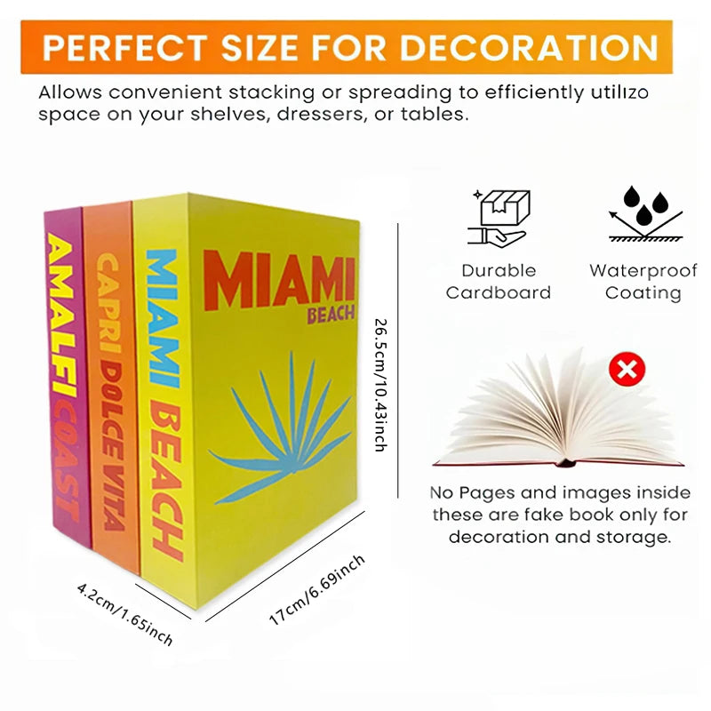 Decorative book set with 'Miami Beach' design, colorful titles, and dimensions on a white background.