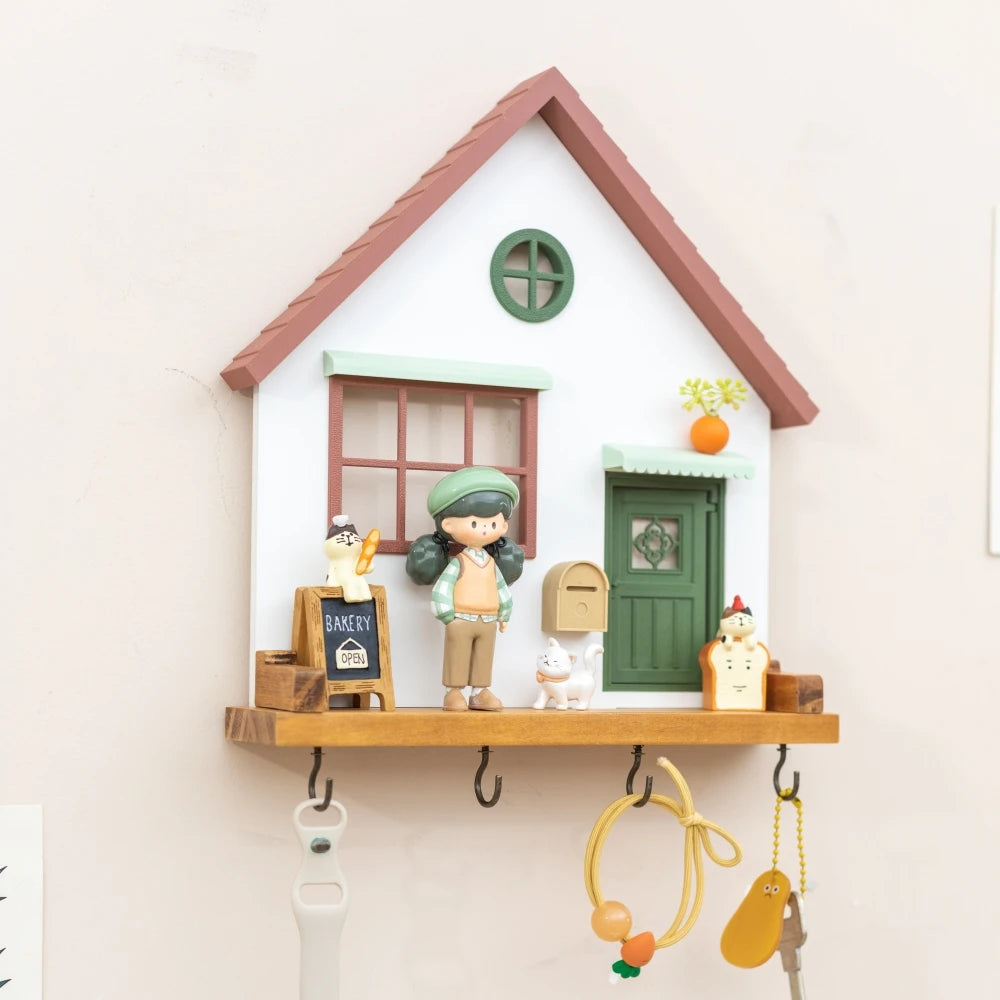 Cute Wooden House Key Hook Shelf – Decorative Wall Storage