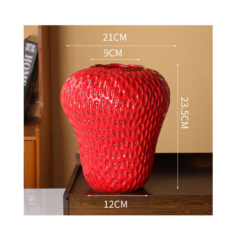 Red textured vase with dimensions indicated on a beige background