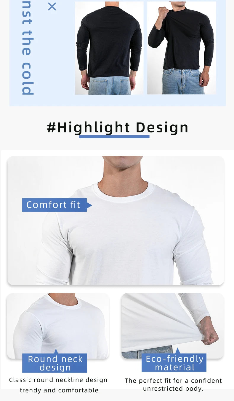 men’s white long sleeve cotton crew neck t-shirt casual fit
