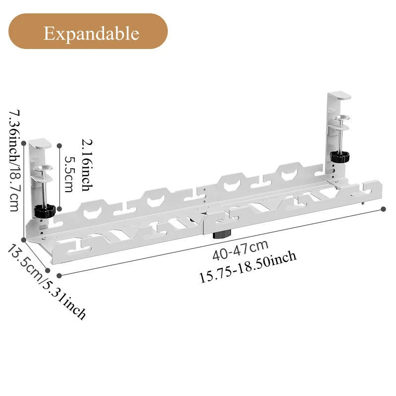 Expandable metal bracket with dimensions on a white background