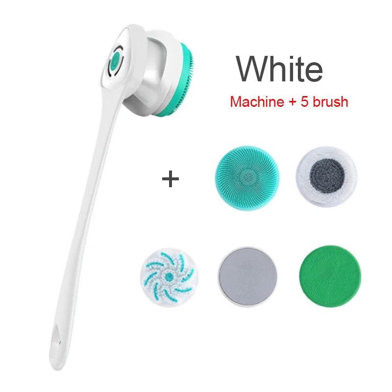 White cleaning machine with five interchangeable brushes on a white background