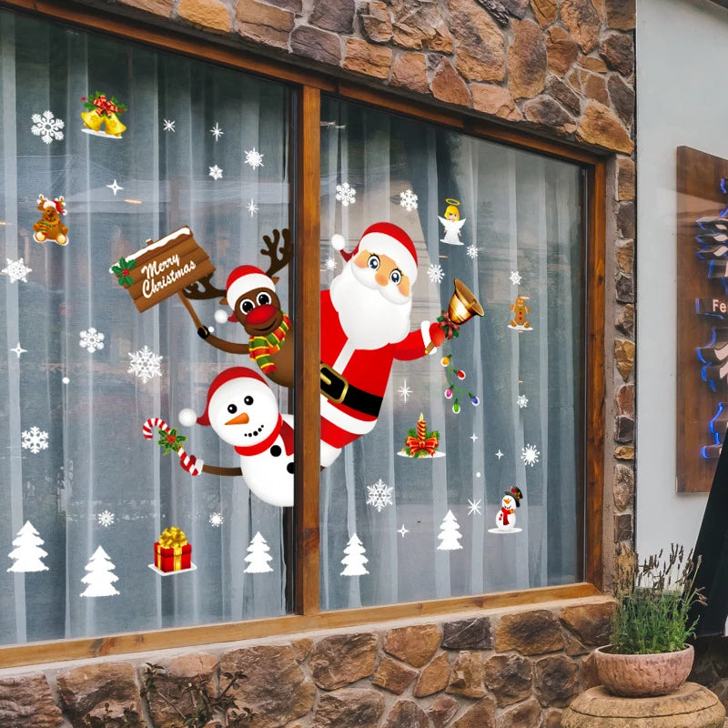 Christmas window stickers with Santa, reindeer, and snowman designs on glass doors