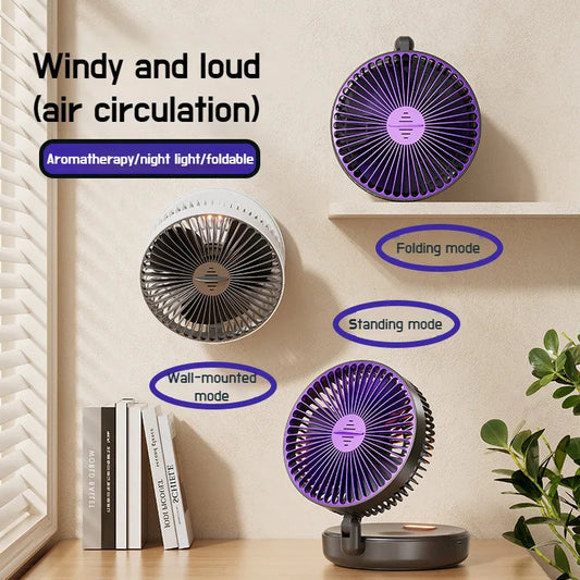 USB desk fan shown in folding, standing, and wall-mounted modes with purple and black blade variations on a beige wall