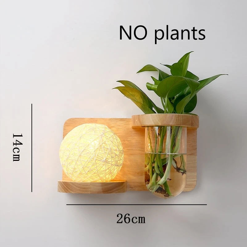 Wall-mounted wooden shelf with a lamp and plant holder, labeled 'NO plants'.