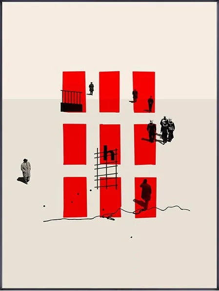 Artistic depiction of people interacting with red doors on a beige background