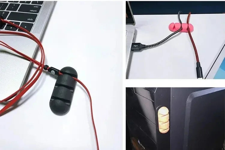 Collage of a cable tie with red and black cord, used to secure a laptop and monitor.