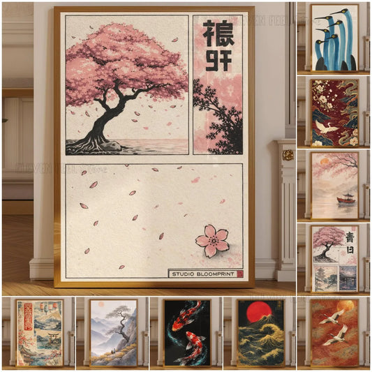 Japanese cherry blossom wall art poster with sakura tree and vintage Asian landscape, Japandi style canvas print