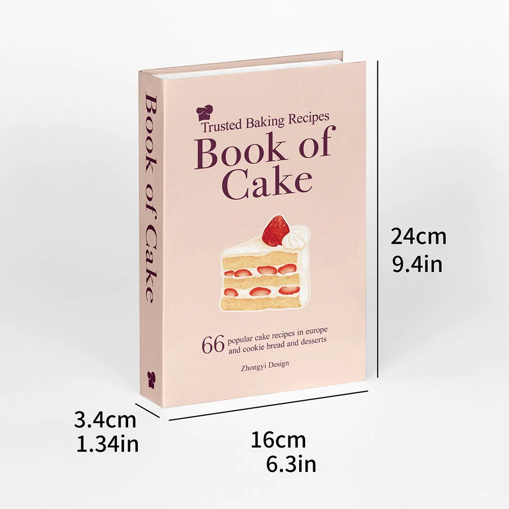 decorative book titled 'Book of Cake' with dimensions displayed on a white background