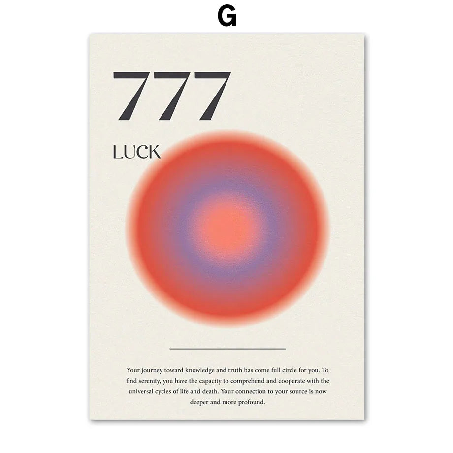 Poster with '777 Luck' text and a red and blue circular design on a beige background.