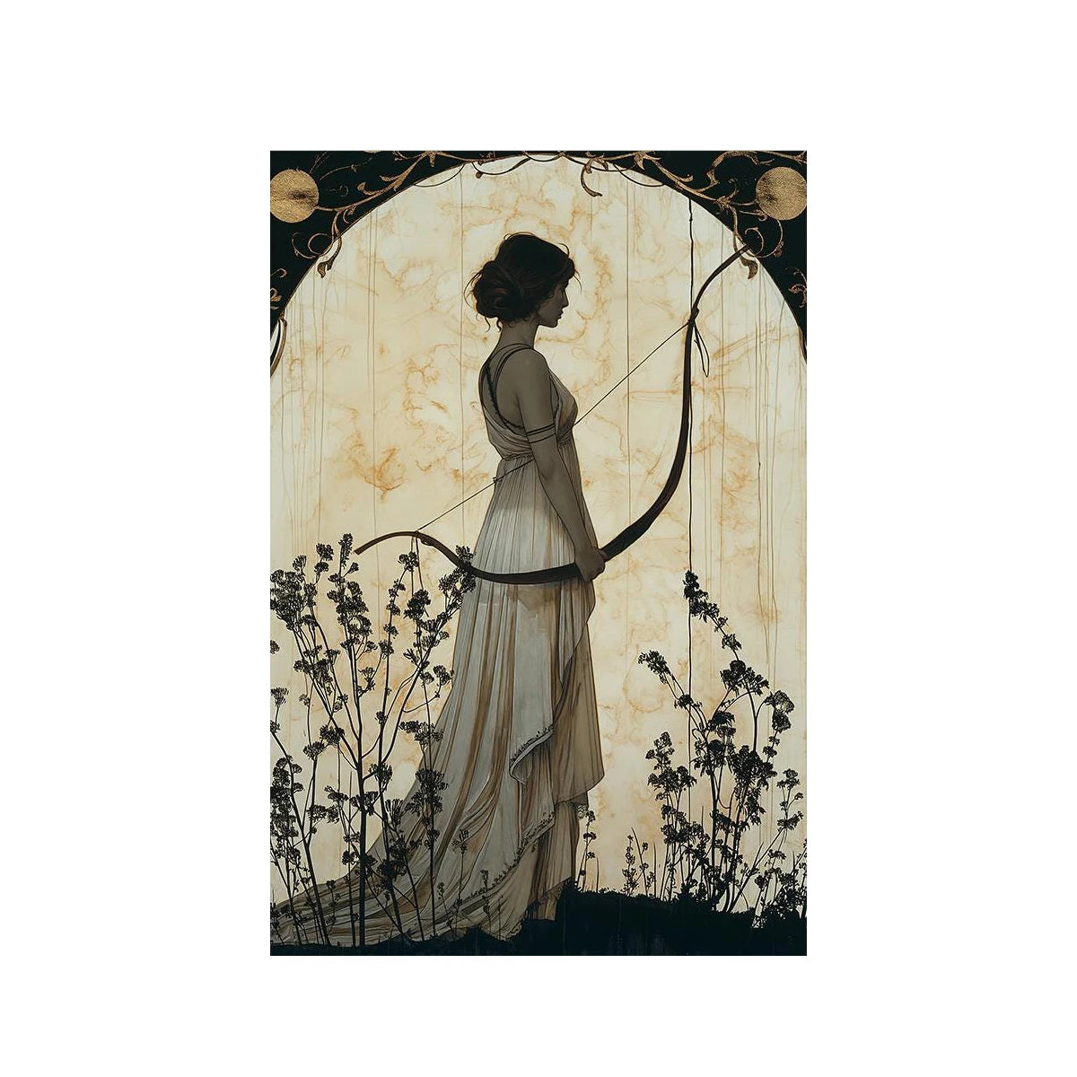Artistic depiction of a woman with a bow and arrow in a natural setting