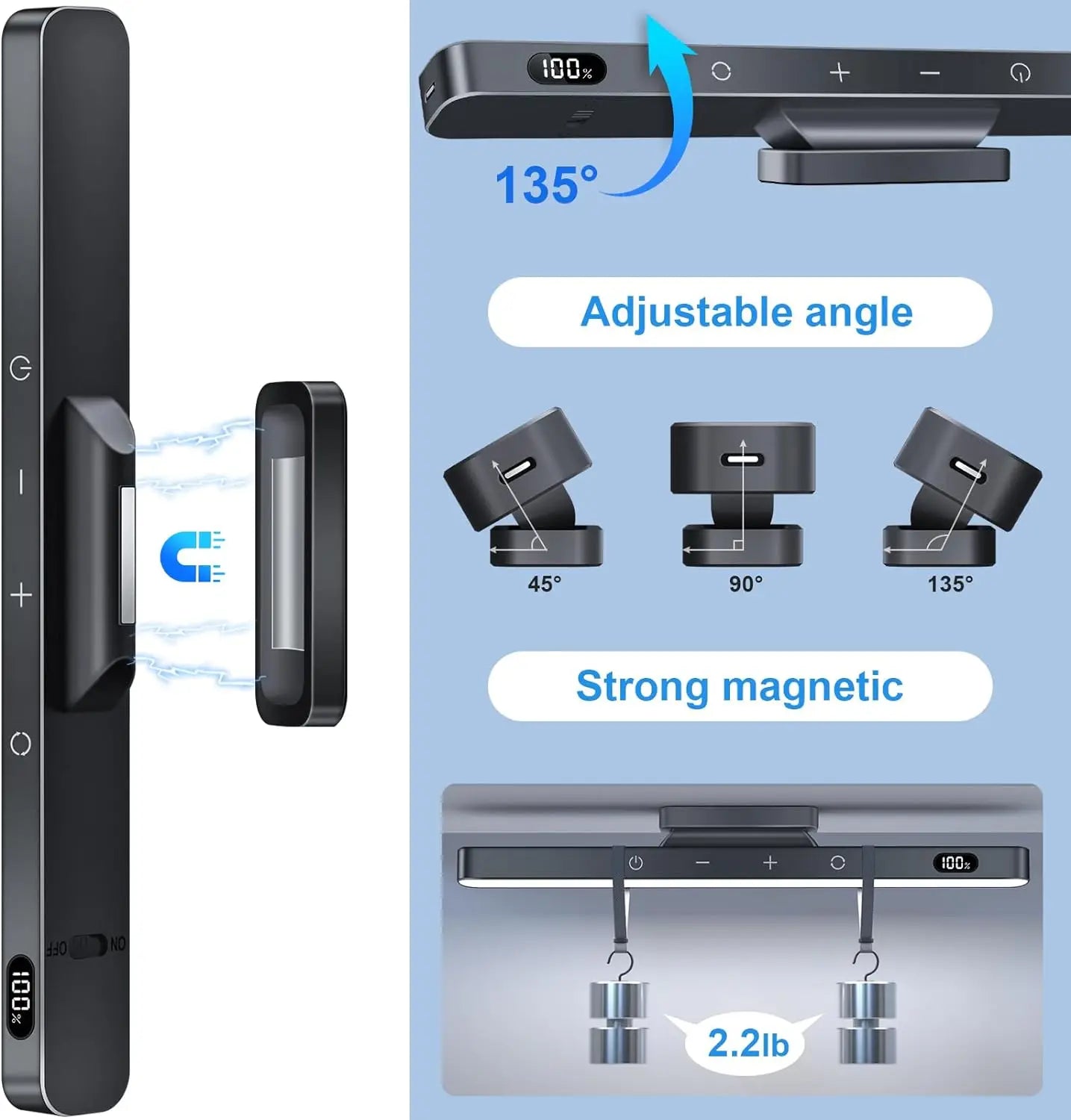 Black magnetic door handle with adjustable angle feature on a blue background