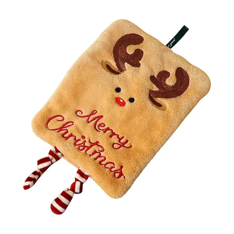 Fuzzy reindeer-shaped hand towel with 'Merry Christmas' text on a white background